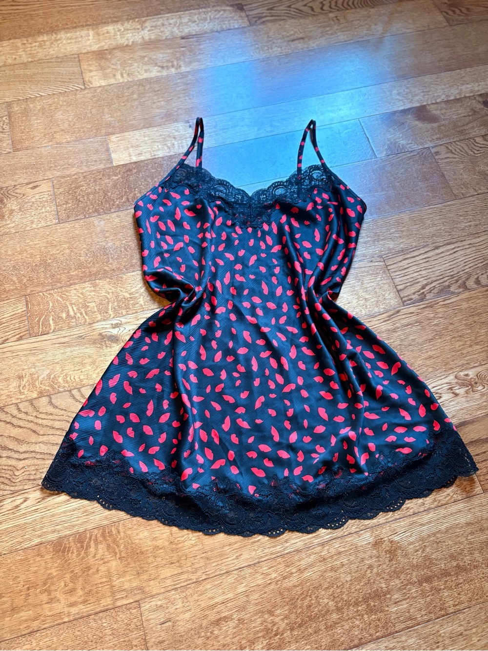 INC International Concepts Black Slip with Red Lip Print and Lace Trim